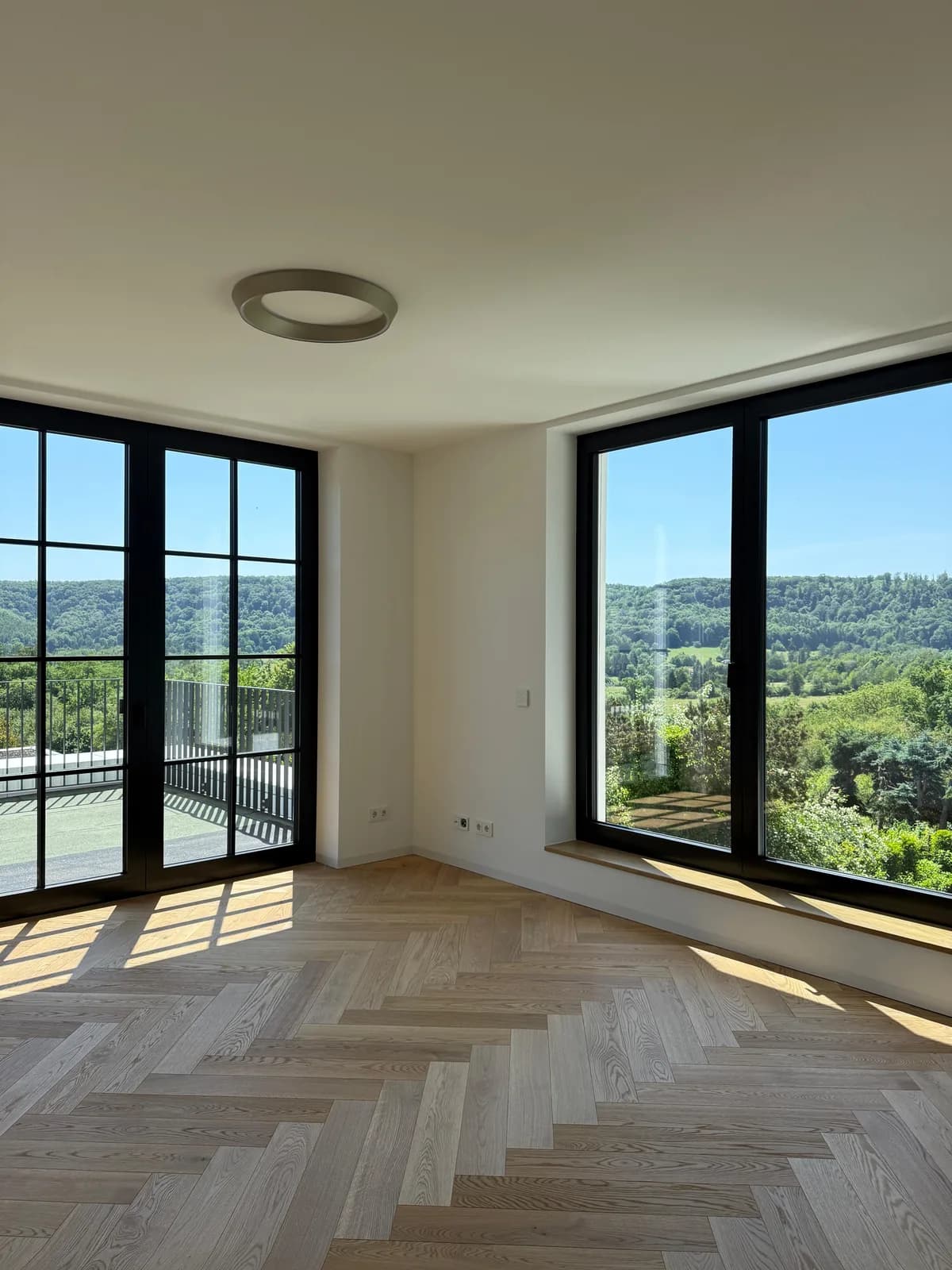 Wohnraum mit weisser Balkontuer mit Sprossen und Panorama-Eckfenster mit Blick ins Gruene — Referenzprojekt Fenster Labisch, Saarland